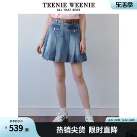 TeenieWeenie小熊女装2024春装元气少女牛仔百褶裙半身裙短裙