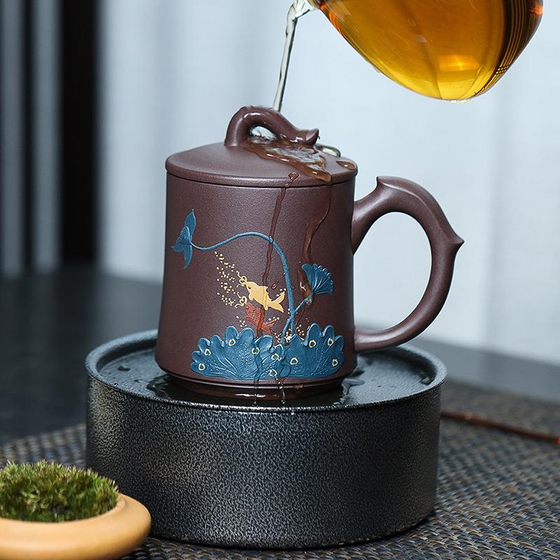 宜兴紫砂茶杯带盖家用单个办公杯主人杯泥绘茶具大容量男女士茶杯