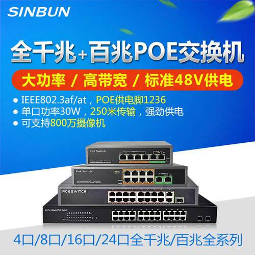 4口5口8口16口24口监控POE供电交换机千兆百兆 标准48V网路延长线
