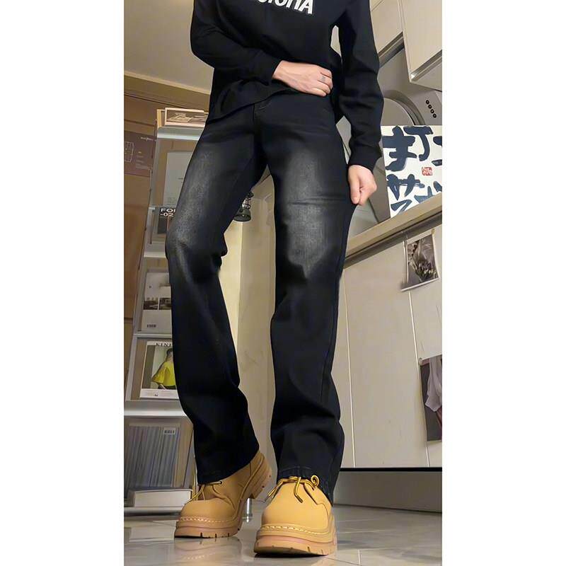 黑色微喇软牛仔裤直筒vintage美式高档裤子男显高窄版弯刀裤