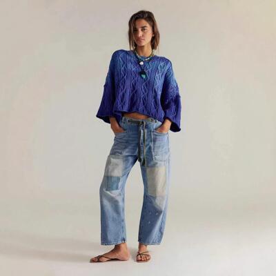 Baggy Barrel Jeans Women Drawstring Low Rise Wide Leg
