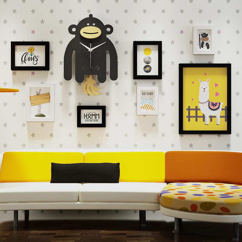 木实71717171_卡通实木照片墙大猩猩组合装饰相框摆真钟表_可换摇