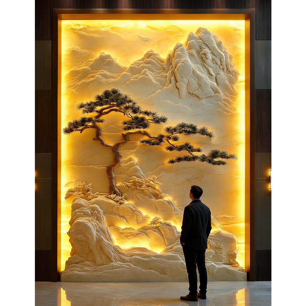 新款浮雕客厅背景墙玄关装饰画走廊高级立体精雕肌理山水画定制