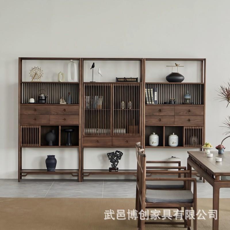 新中式实木博古架置物架现代简约黑胡桃木多宝阁展示柜书柜茶叶架