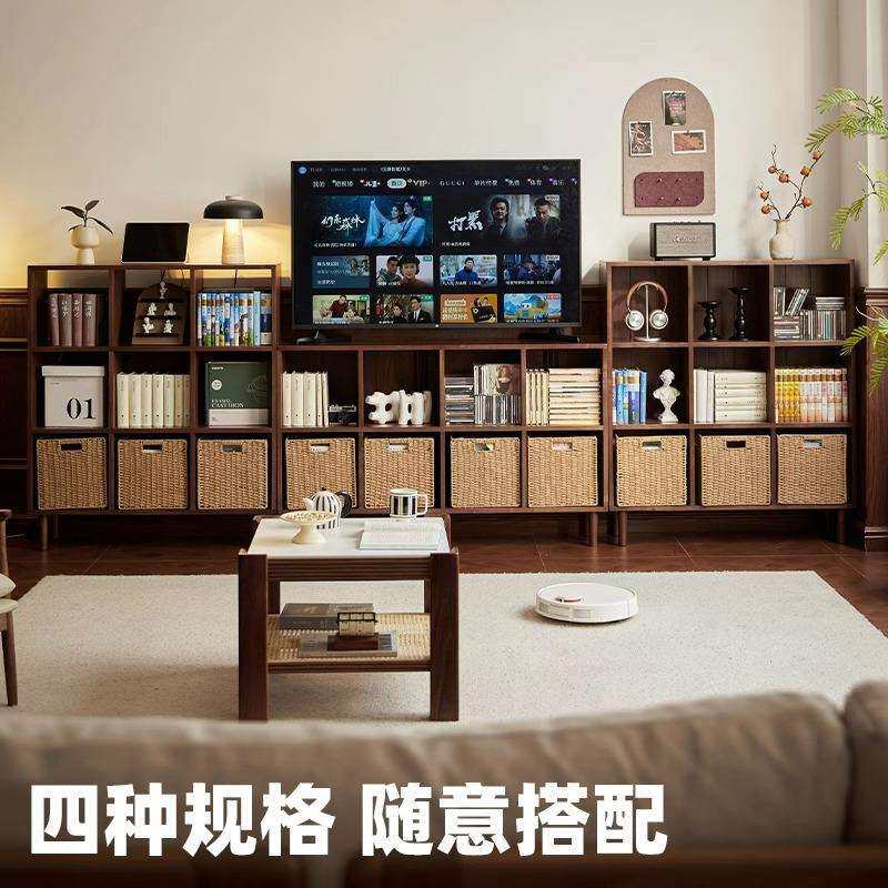 全实木书架家用黑胡桃木落地置物矮书柜儿童房半墙格子收纳储物柜