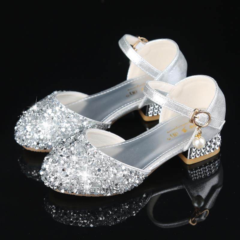 正品0女童皮鞋225新款时尚儿走童高蹈跟鞋公主秀主持舞表演出银色