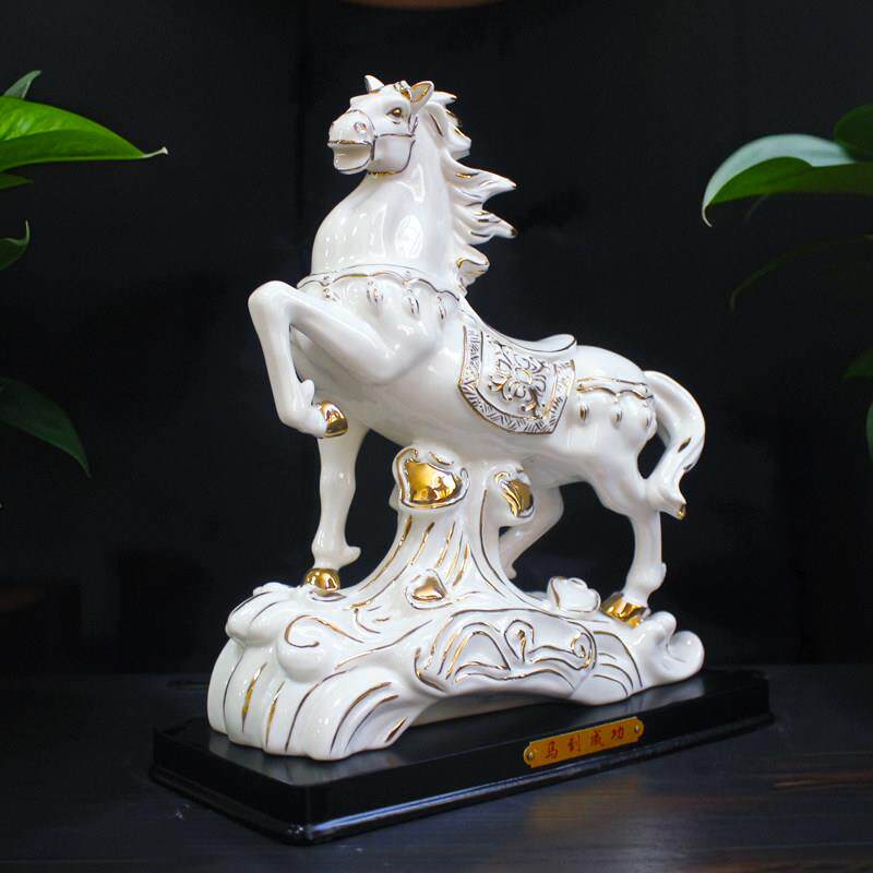 德化陶瓷烤金马到成功摆件一对招财开业乔迁送礼马年吉祥物工艺品