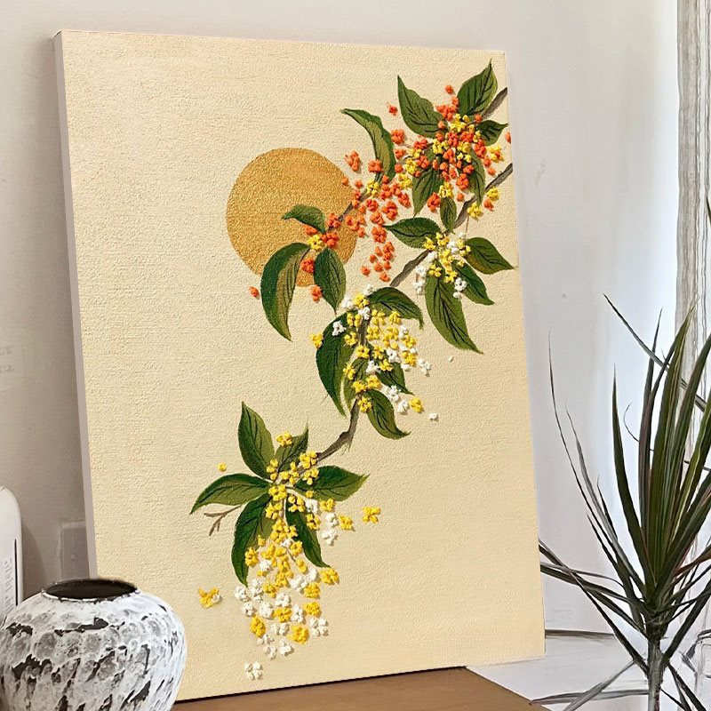 中国风桂花石英砂肌理画全套材料包手绘中秋节数字油画感