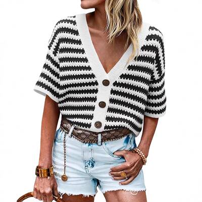 Womens Sleeve Striped Cardigan Sweaters Crochet Knit Button
