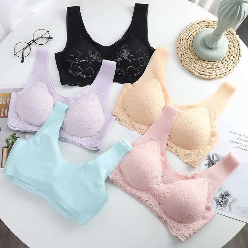 一片式冰丝无痕无钢圈拼撞色聚拢大码蕾丝美背心式运动内衣女文胸