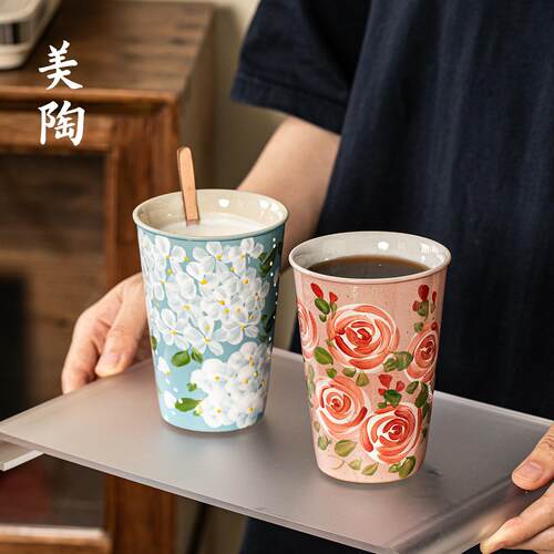 景德镇陶瓷可乐杯美陶手绘玫瑰花马克杯早餐牛奶杯办公室喝水杯子