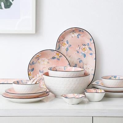 Pink Camellia Pattern Ceramic Tableware Bowls and Plates