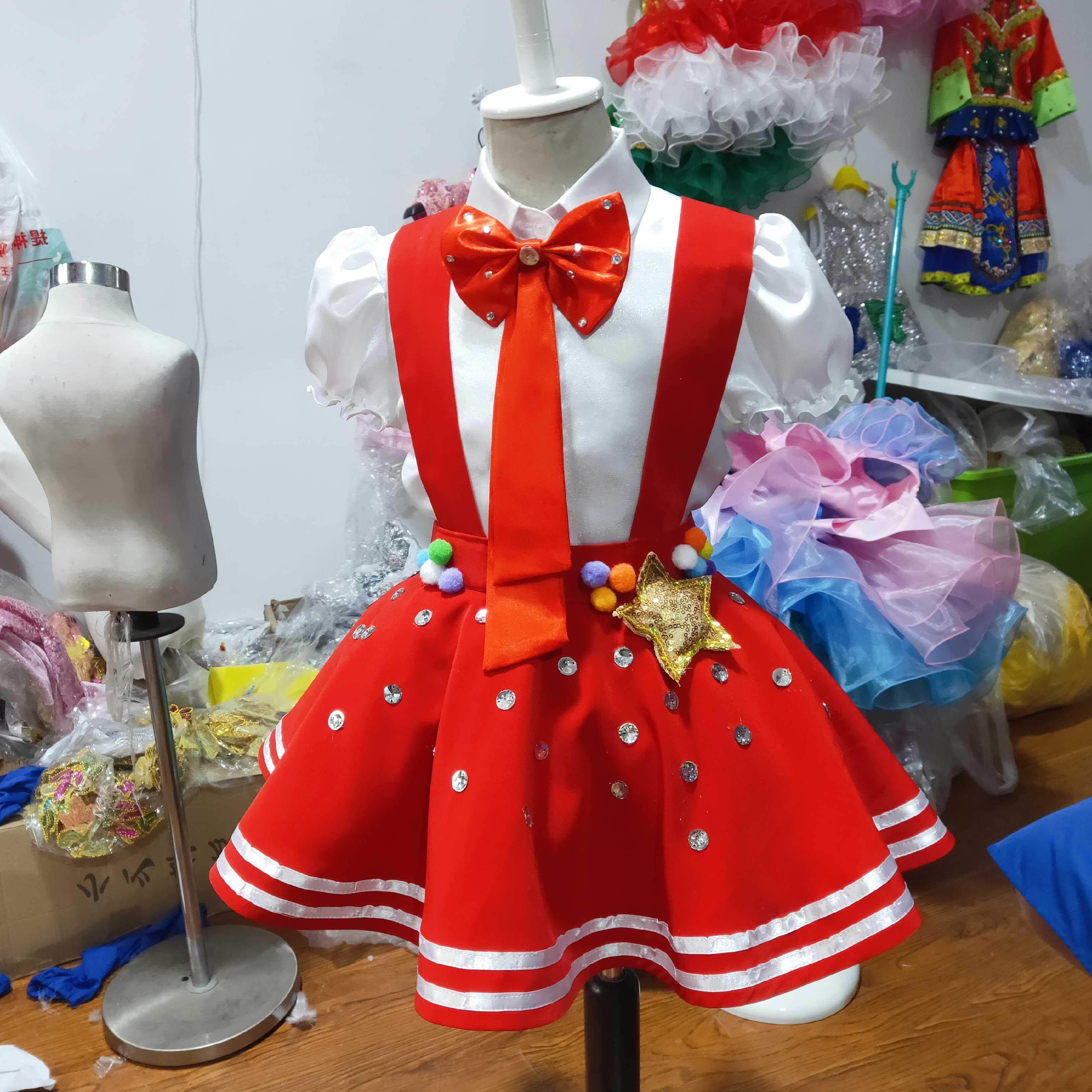 儿童闪亮的小红星合唱演出服舞蹈蓬裙小学生红歌比赛诗歌朗诵服装