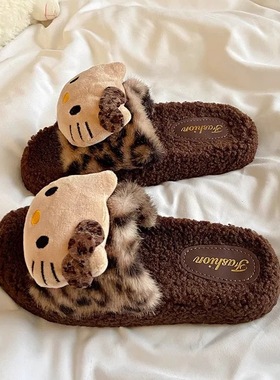 豹纹毛毛拖鞋女2025新款秋冬家用室内防滑可爱外穿棉拖鞋女士