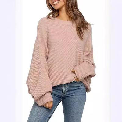 Womens Oversized Crewneck Sweater Batwing Puff Sleeve Cable