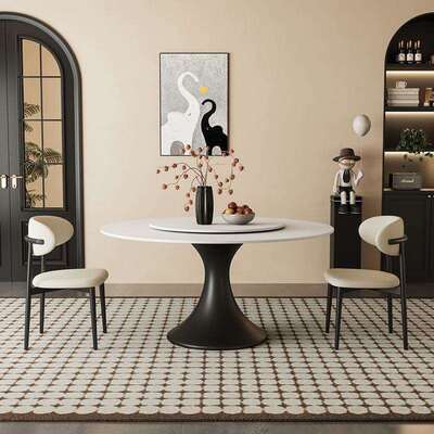 法式EEB中风岩用板餐桌椅组合现古代简约奢家小户型轻圆形圆桌带