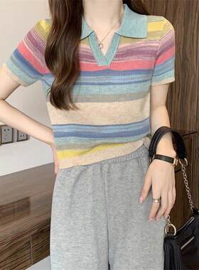 日系彩虹条纹冰丝针织衫女短款别致设计感polo领短袖正肩t恤上衣