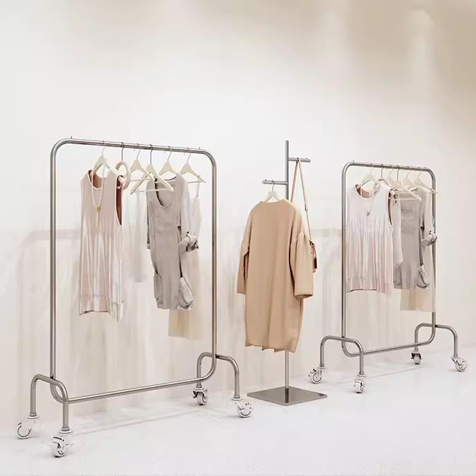服装店展示架女装店不锈钢货架衣服架子落地式移动挂衣杆银色带轮