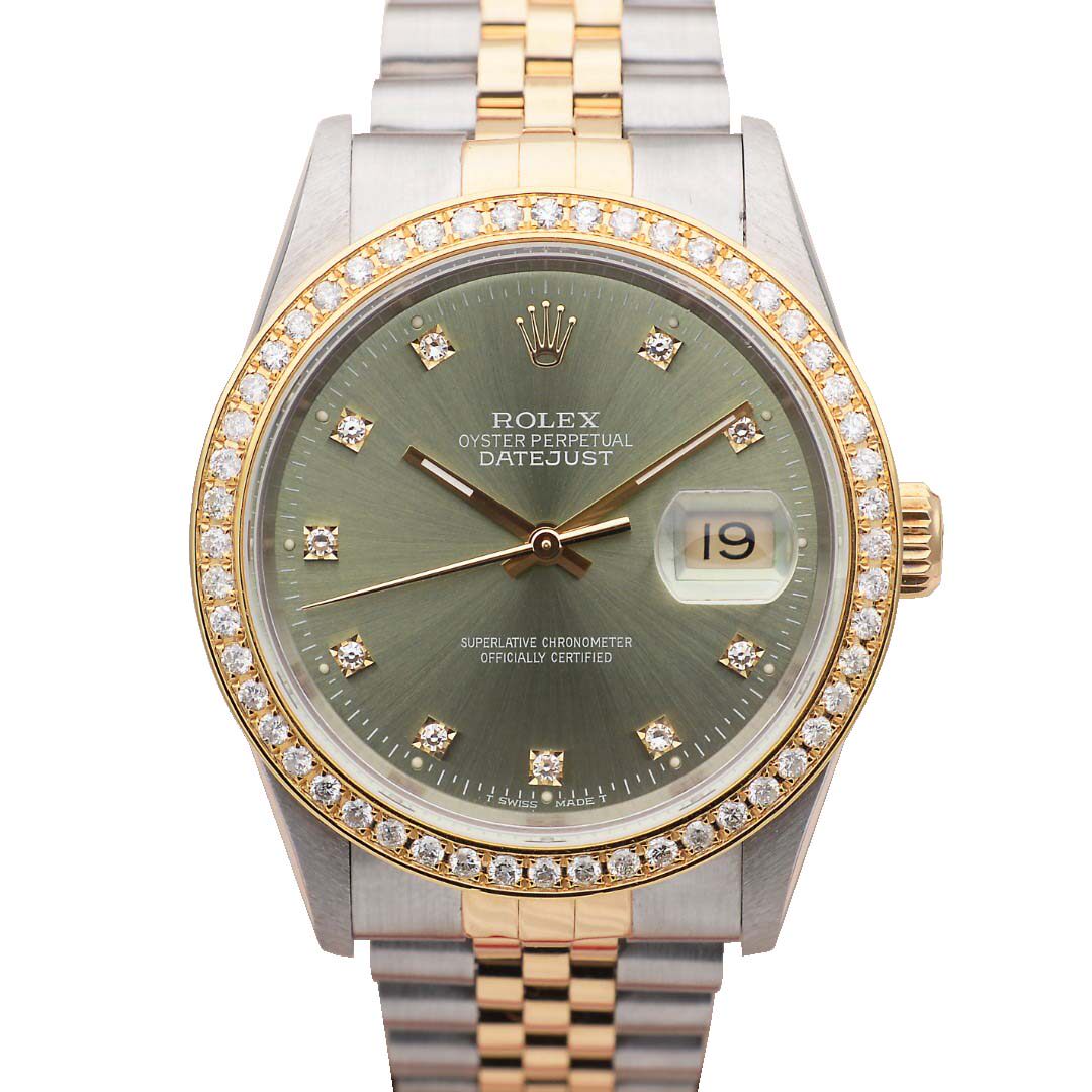 正品[9.8新]劳力士日志型后镶钻自动机械男表橄榄绿16233