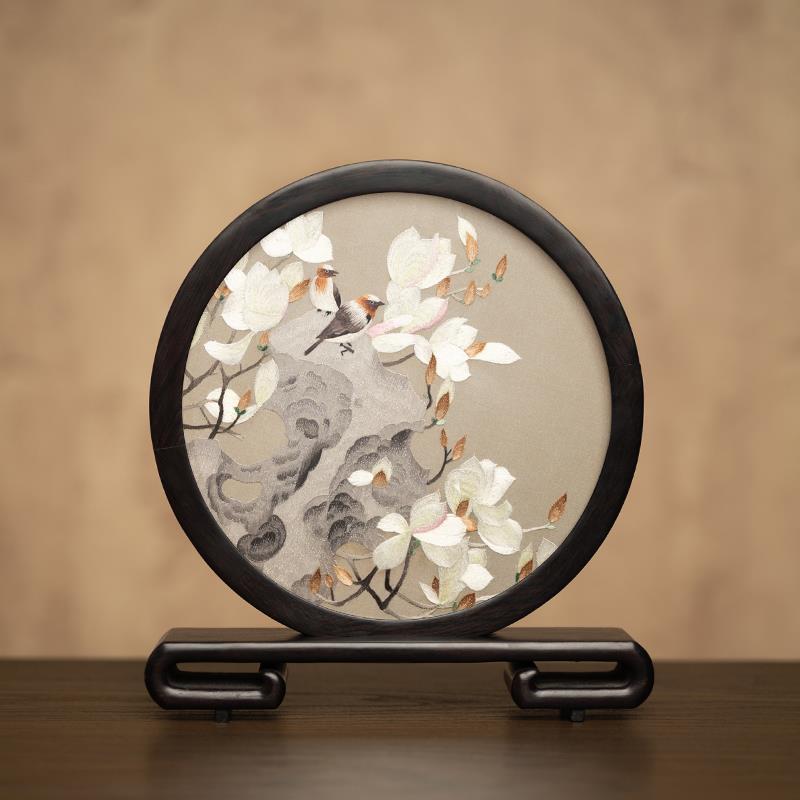 正品州面刺绣木台双屏桌面摆件 手苏工刺绣新中式纪念礼物质装饰