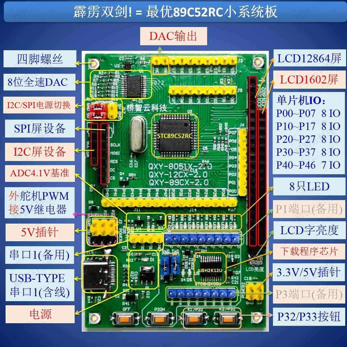STC89C52RC小开发板/C51单片机开发板