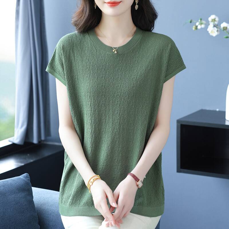 中年妈妈桑蚕丝短袖t恤女夏季宽松加肥大尺码冰丝针织衫薄洋派上