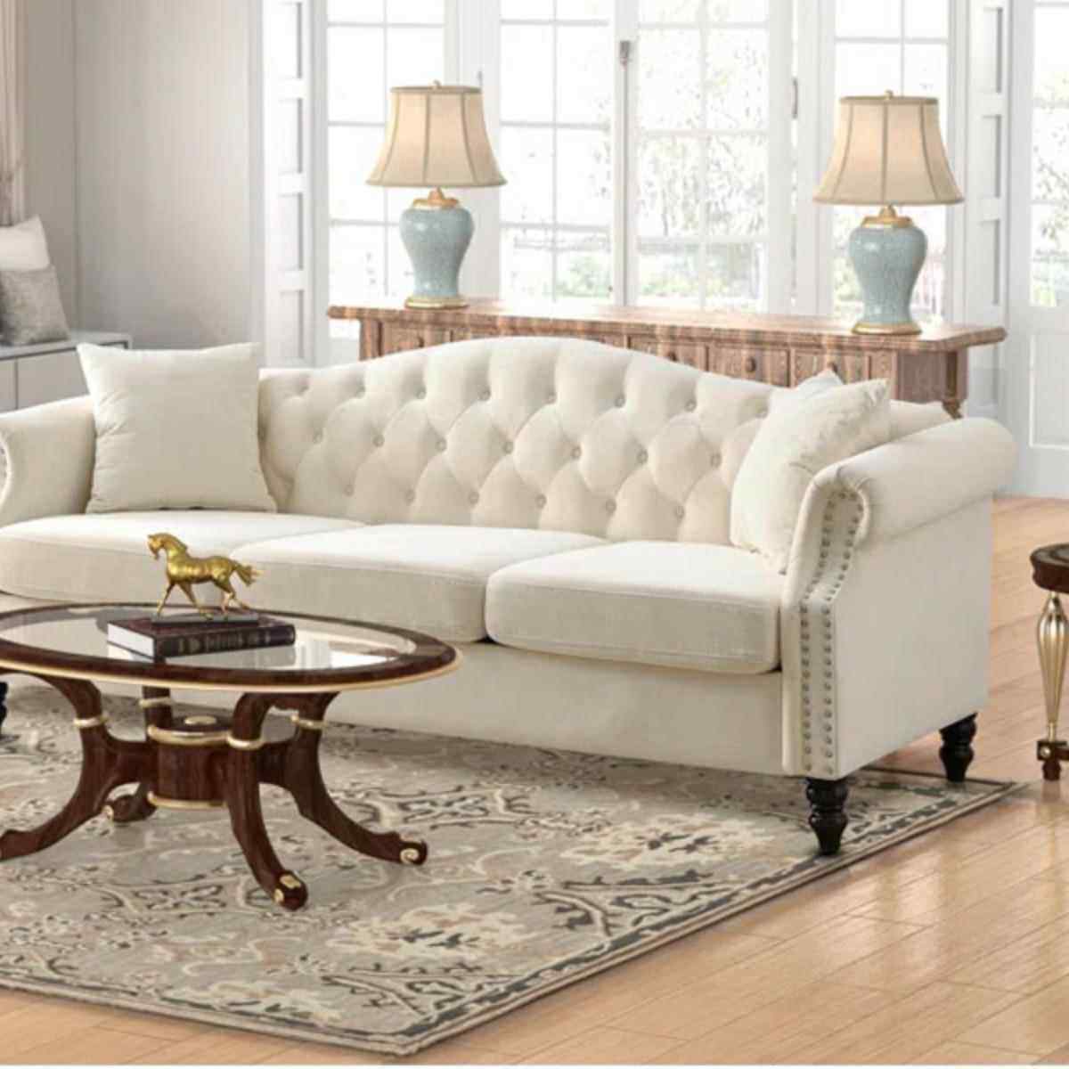 法式中古米白色布艺拉扣沙发美式乡村复古小户型别墅新款直排沙发