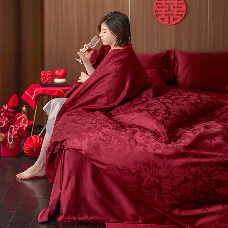 纯棉结婚四件套100支长绒棉全棉提花轻奢高级感婚庆床品手提包装