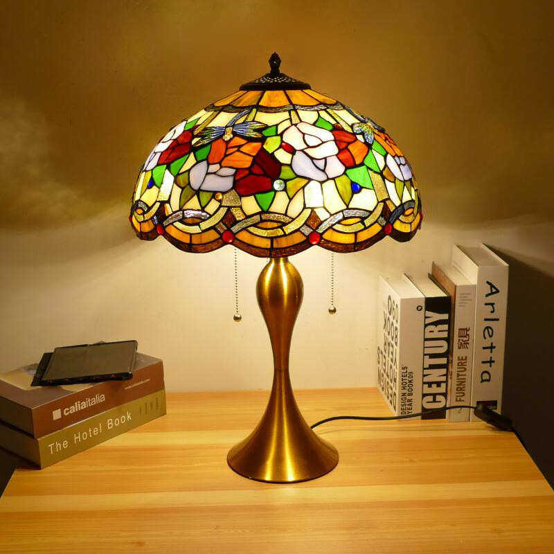 老上海复古情意玫瑰家用台灯 蒂凡尼彩色玻璃卧室书房中号台灯