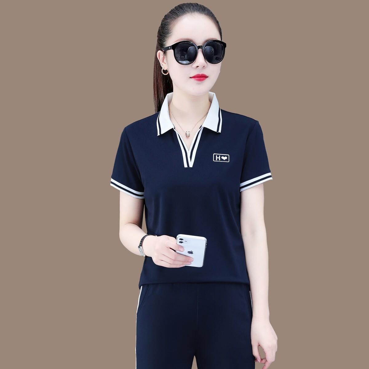 polo衫冰丝短袖运动套装女夏装时尚减龄阔腿裤休闲服洋气薄运动服