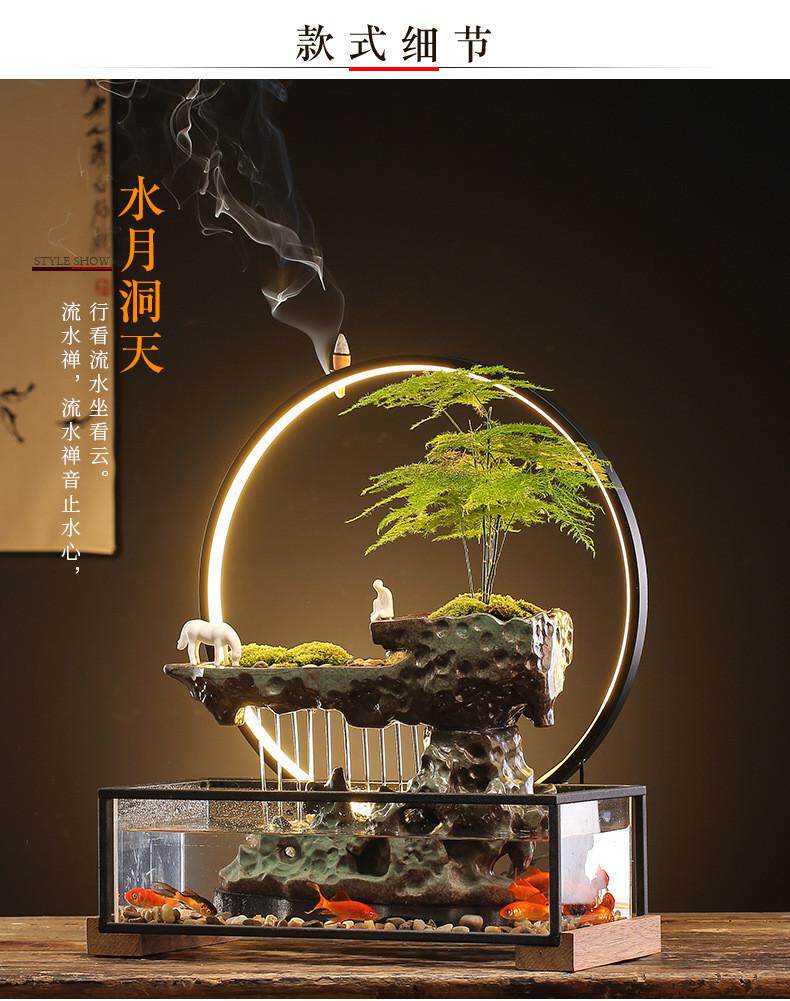 Декорации водные 循环流水器生财客厅创意摆件办公室小型鱼缸桌面景观招财开业礼品