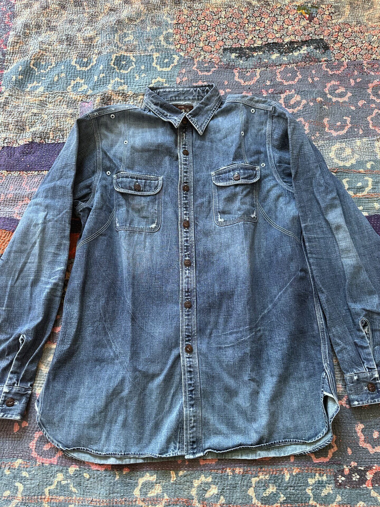 RRL Blue Distressed Denim Shirt