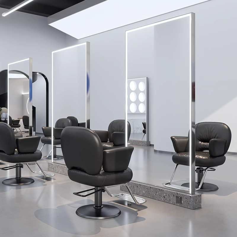新款理发店镜子单双面网红落地镜带灯剪发全身镜美发镜子发廊专