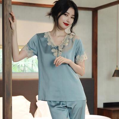 Women's sleepwear, summer ice silk short sleeved, two