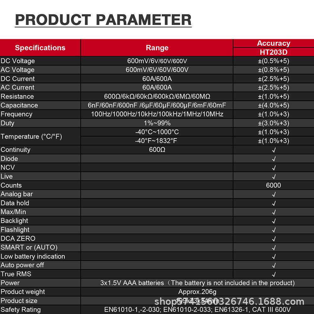 HABOTEST HT203D交直流钳形表电工高精度真有效值多功能钳型表