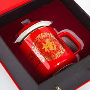 盖百家用陶陶瓷杯福喜庆杯水杯红色茶杯百家杯瓷杯礼品姓氏带马克