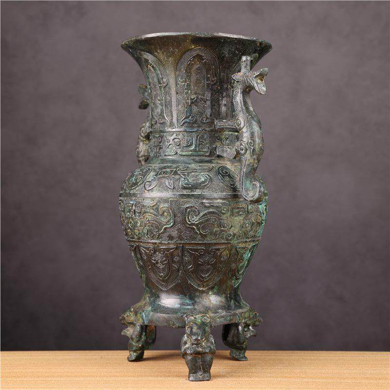 古玩杂项青铜器古摆件双龙瓶双龙尊现制作艺品收藏品做旧博物馆