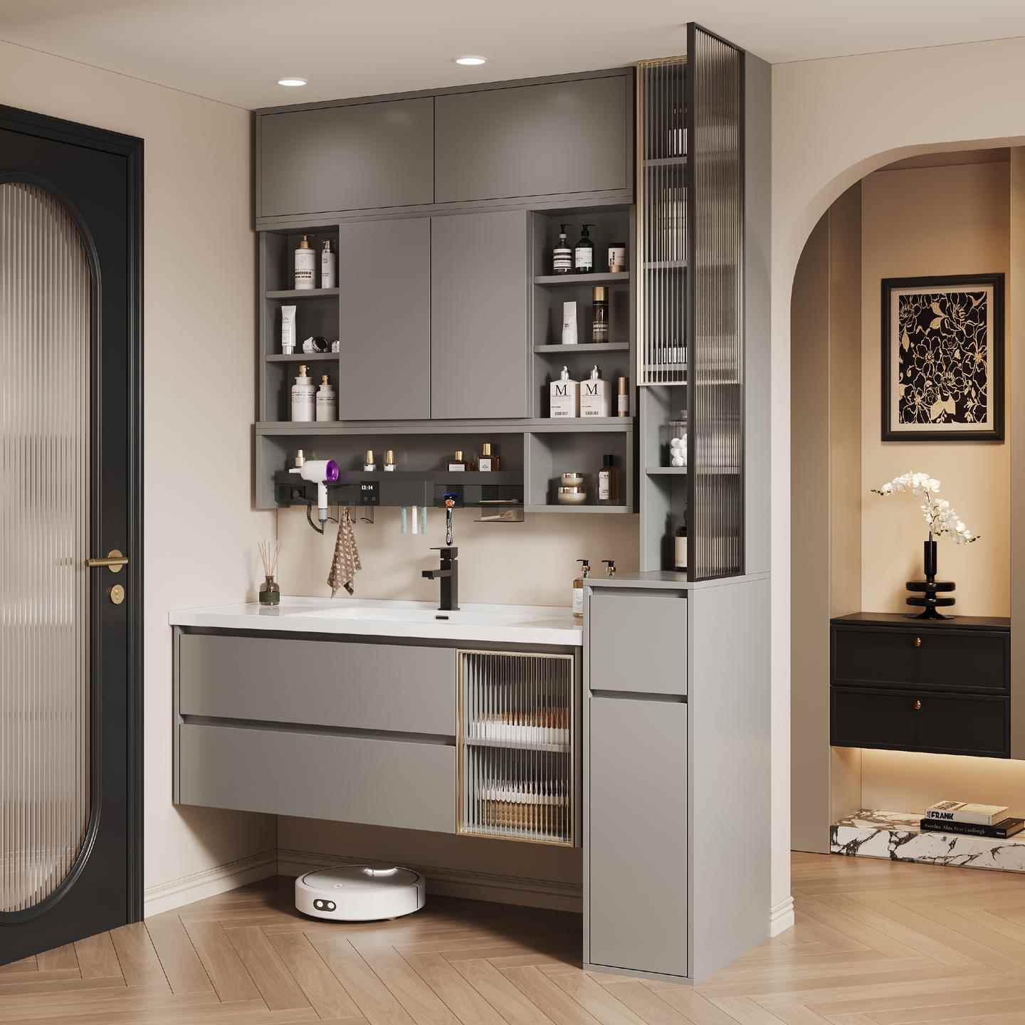 非标订制隐藏式镜柜陶瓷一体盆浴室柜组合北欧洗脸盆柜智能卫浴柜