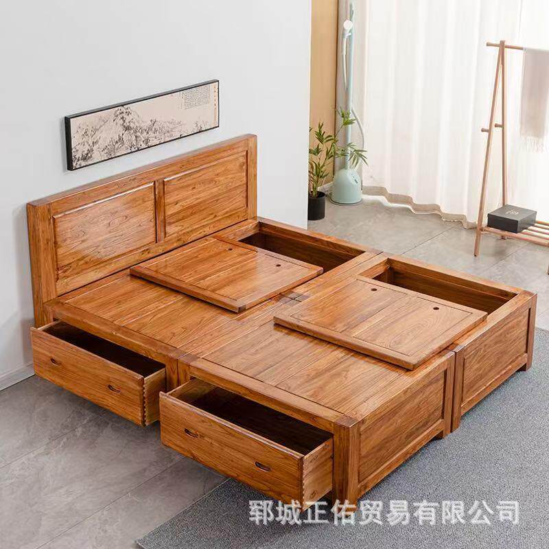 新中式老榆木床榻榻米榫卯结构双人抽屉高箱储物箱无床头实木床图片
