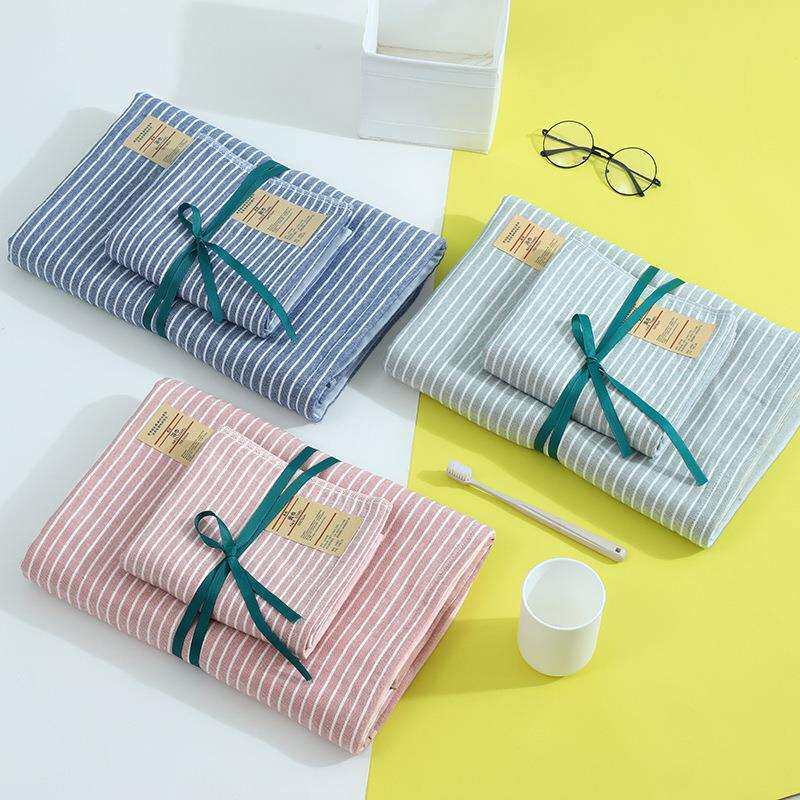 日式细条纹纱布套装毛巾浴巾一面纱布一面毛圈柔软舒适家居日用