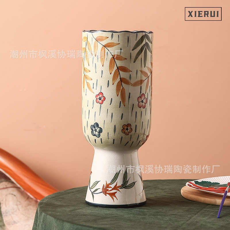 欧美田园风陶瓷手绘花瓶现代轻奢北欧插花花器客厅样板间家居装饰