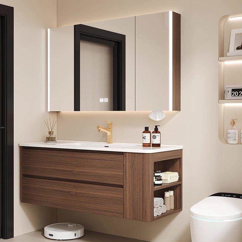 马桶侧格不锈钢胡桃色防水防潮浴室柜组合洗脸盆卫生间陶瓷一体盆