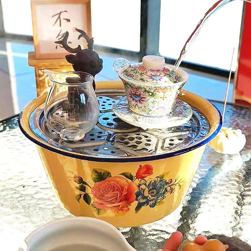 泡茶台茶盘家用老式加厚搪瓷茶缸茶桌废水废茶碗公元宝盆怀旧老式