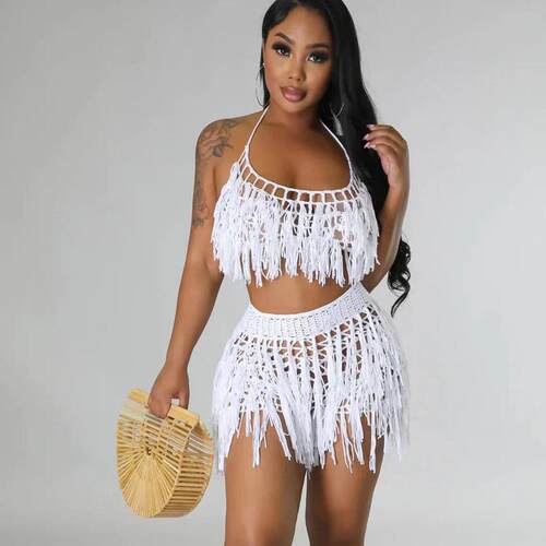 Chic Fashion Two-Piece Set for Women - Knit Crochet Halter