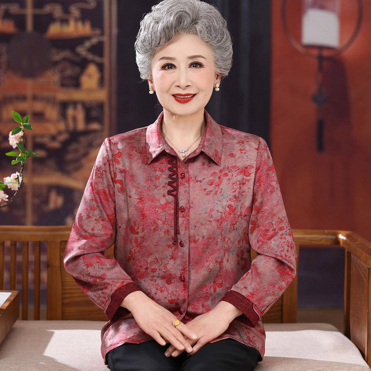 大码中老年人衬衫女翻领夏装桑蚕丝100%套装奶奶真丝开衫上衣薄款