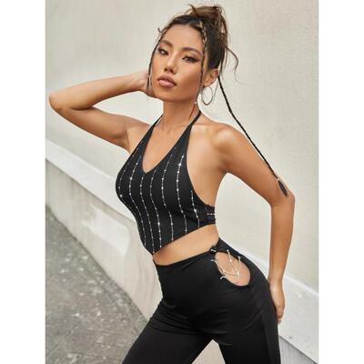 tie-up sequin straps short suspenders top U-neck neck