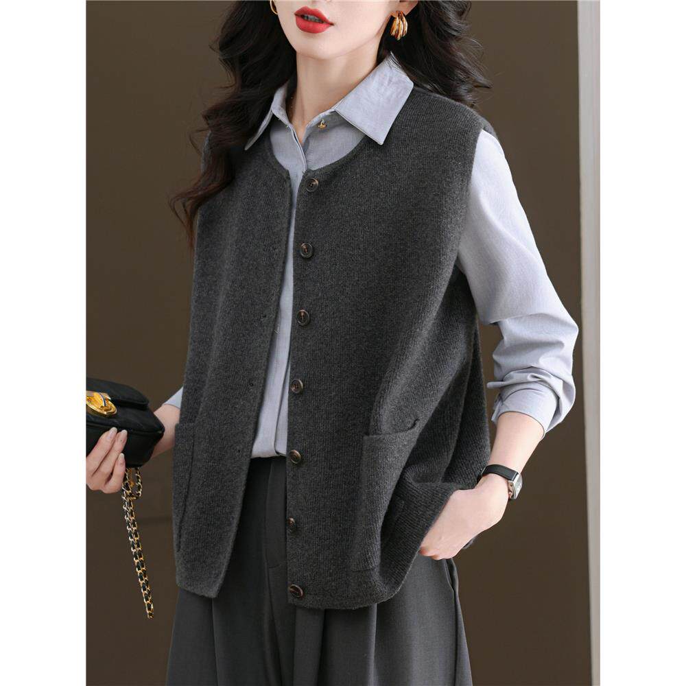 韩式叠针织开襟背心女士圆领新款高端宽松内短马甲上衣