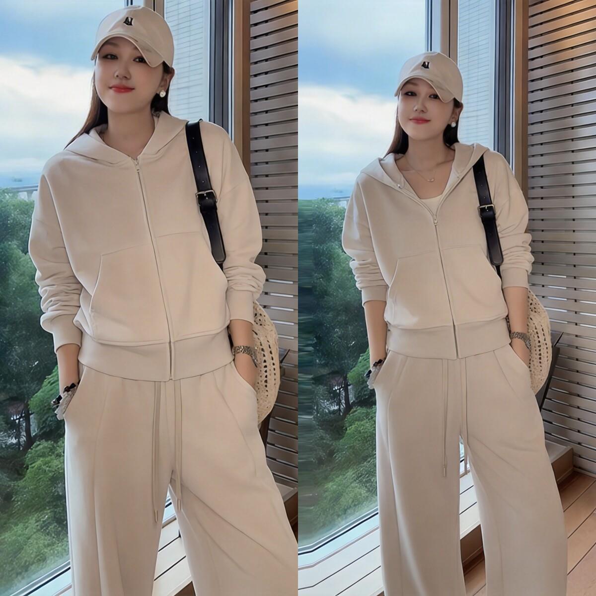韩版休闲运动套装女2026春季慵懒松弛感连帽卫衣开衫阔腿裤两件套