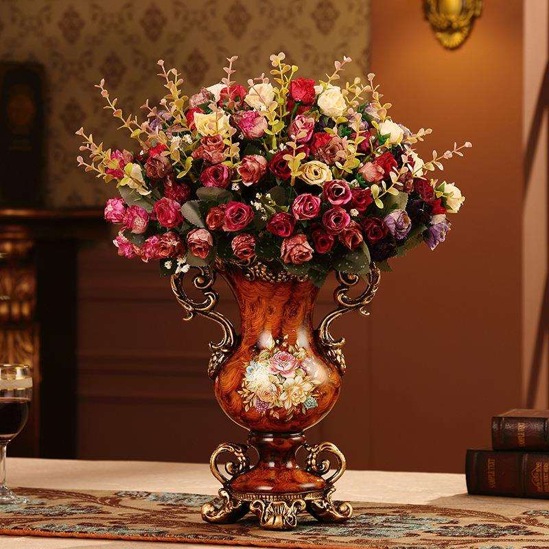 欧式高档树脂花瓶假花插花器客厅办公室酒店玄关复古花插装饰摆件