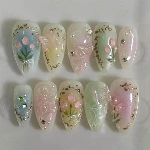 24Pcs Flora Almond Press on Nails with Glue Mori Girl Nail A